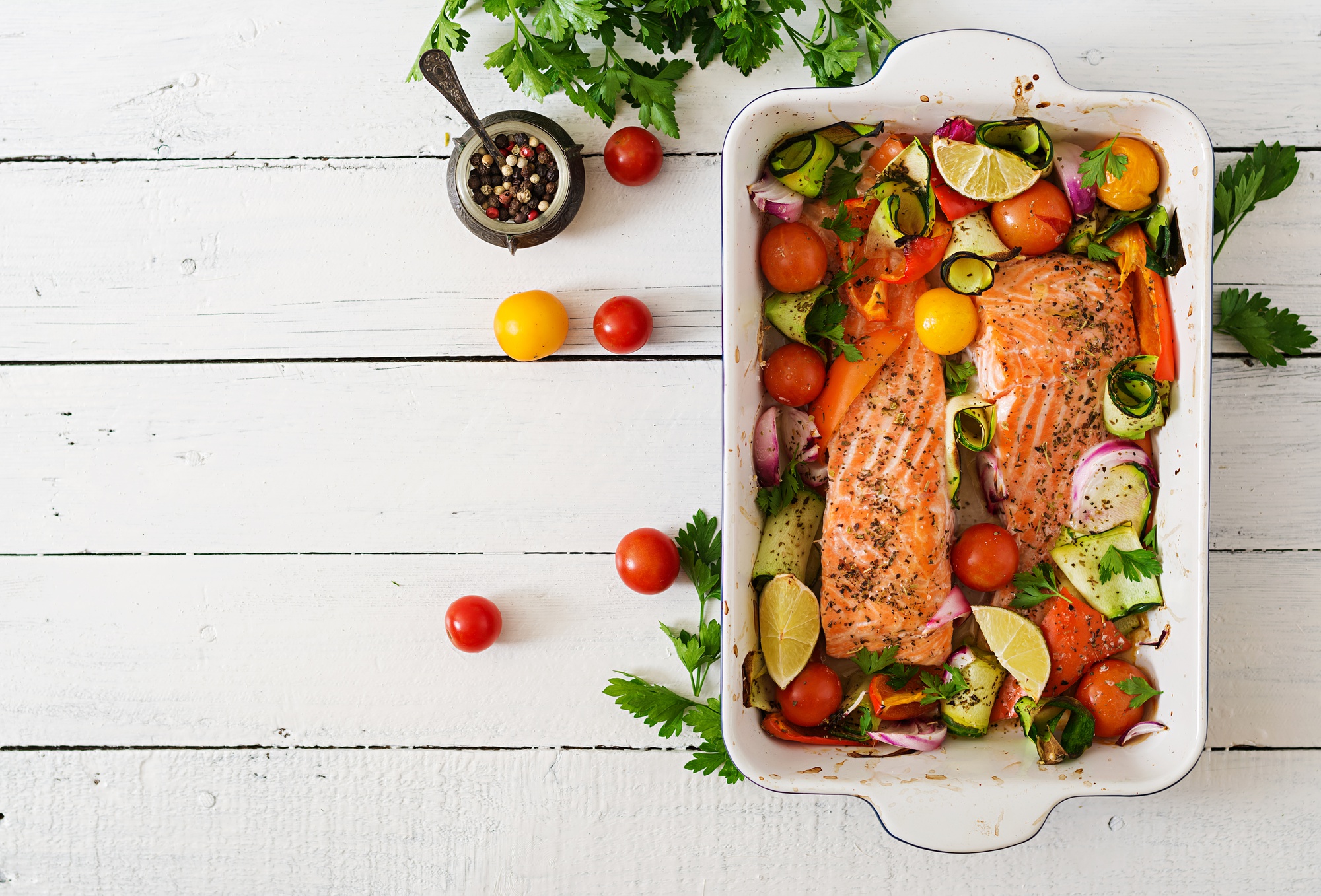 sheet pan with roasted salmon and vegetables